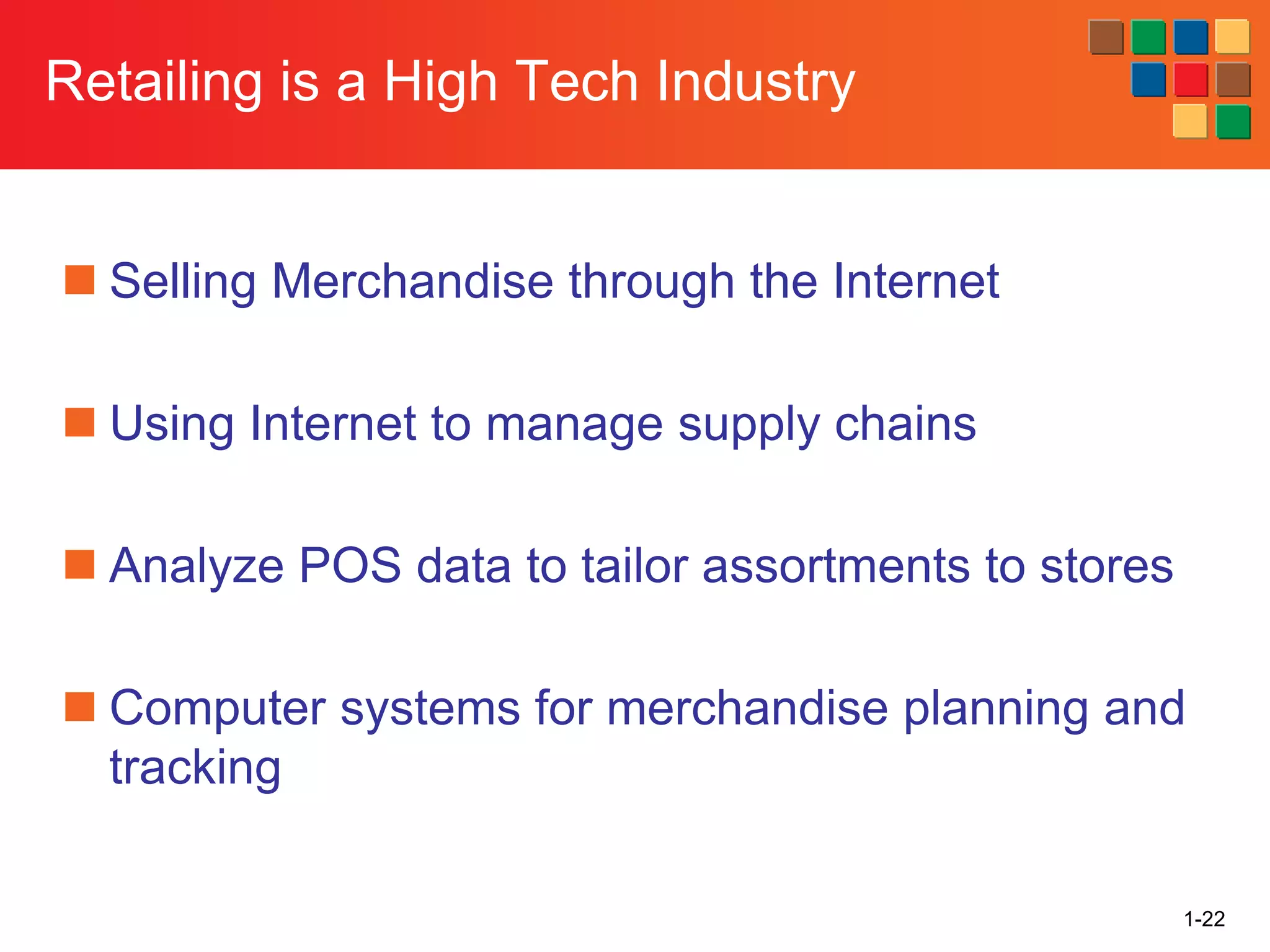 1-22
Retailing is a High Tech Industry
◼ Selling Merchandise through the Internet
◼ Using Internet to manage supply chains
◼ Analyze POS data to tailor assortments to stores
◼ Computer systems for merchandise planning and
tracking
 