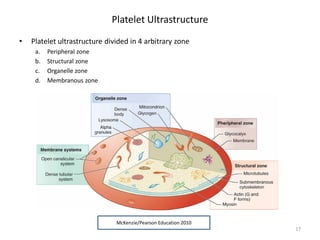 Platelet Ultrastructure 
• 
Platelet ultrastructure divided in 4 arbitrary zone 
a. 
Peripheral zone 
b. 
Structural zone 
c. 
Organelle zone 
d. 
Membranous zone 17 
McKenzie/Pearson Education 2010  