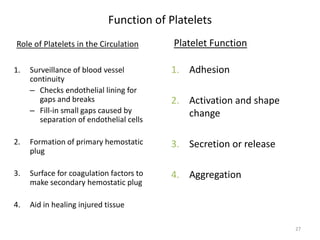 Function of Platelets 
Role of Platelets in the Circulation 
1. 
Surveillance of blood vessel continuity 
– 
Checks endothelial lining for gaps and breaks 
– 
Fill-in small gaps caused by separation of endothelial cells 
2. 
Formation of primary hemostatic plug 
3. 
Surface for coagulation factors to make secondary hemostatic plug 
4. 
Aid in healing injured tissue 
Platelet Function 
1. 
Adhesion 
2. 
Activation and shape change 
3. 
Secretion or release 
4. 
Aggregation 27 
 