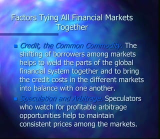  Credit, the Common Commodity. The
shifting of borrowers among markets
helps to weld the parts of the global
financial system together and to bring
the credit costs in the different markets
into balance with one another.
 Speculation and Arbitrage. Speculators
who watch for profitable arbitrage
opportunities help to maintain
consistent prices among the markets.
Factors Tying All Financial Markets
Together
 