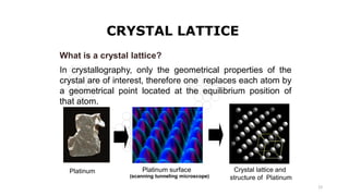 12
CRYSTAL LATTICE
What is a crystal lattice?
In crystallography, only the geometrical properties of the
crystal are of interest, therefore one replaces each atom by
a geometrical point located at the equilibrium position of
that atom.
Platinum Platinum surface Crystal lattice and
structure of Platinum
(scanning tunneling microscope)
 