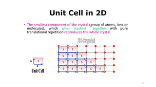 17
Unit Cell in 2D
• The smallest component of the crystal (group of atoms, ions or
molecules), which when stacked together with pure
translational repetition reproduces the whole crystal.
S
a
b
S
S
S
S
S
S
S
S
S
S
S
S
S
S
 