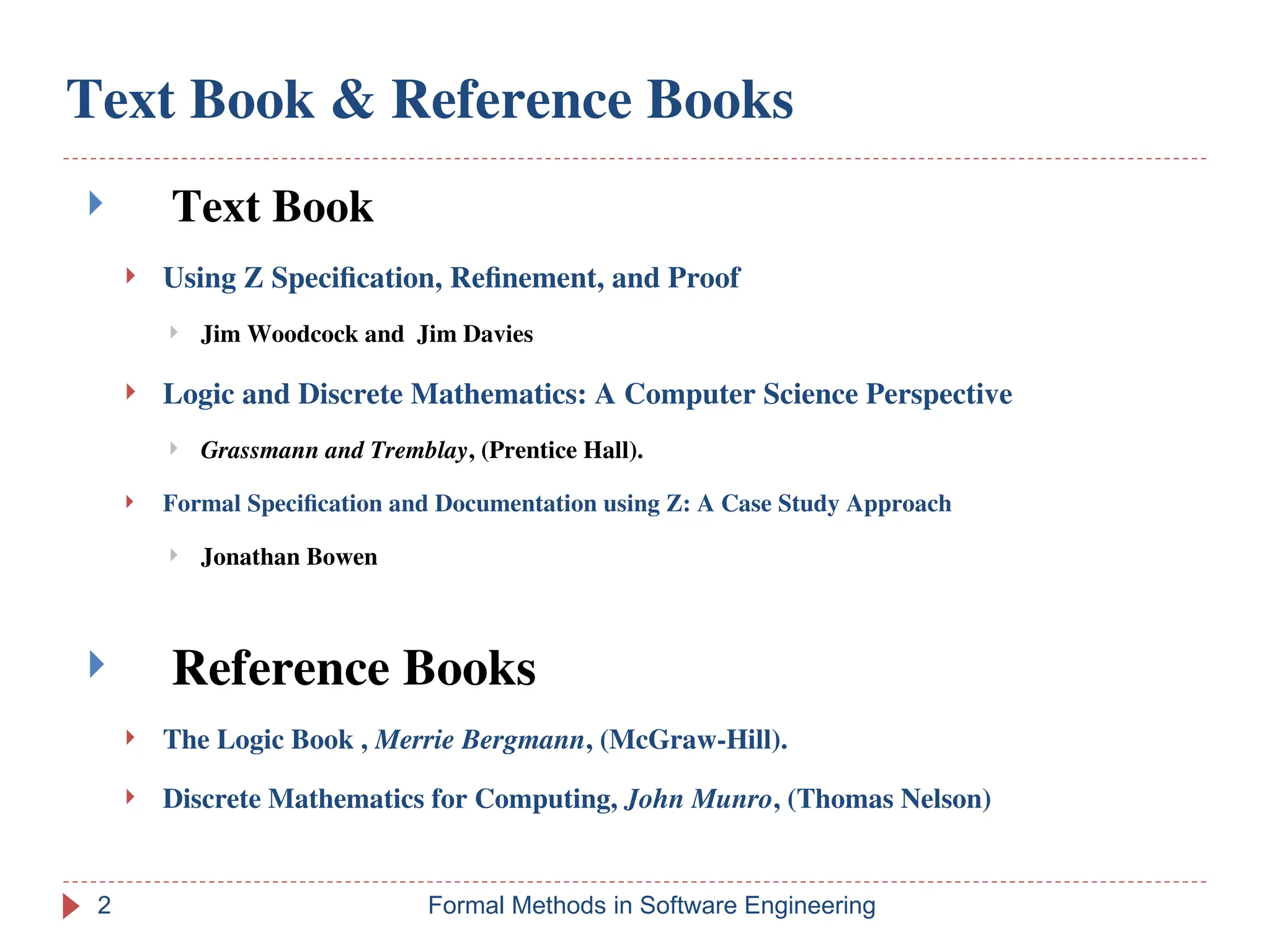 Text Book & Reference Books
 Text Book
 Using Z Specification, Refinement, and Proof
 Jim Woodcock and Jim Davies
 Logic and Discrete Mathematics: A Computer Science Perspective
 Grassmann and Tremblay, (Prentice Hall).
 Formal Speciﬁcation and Documentation using Z: A Case Study Approach
 Jonathan Bowen
 Reference Books
 The Logic Book , Merrie Bergmann, (McGraw-Hill).
 Discrete Mathematics for Computing, John Munro, (Thomas Nelson)
Formal Methods in Software Engineering
2
 