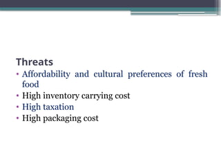 Threats
• Affordability and cultural preferences of fresh
food
• High inventory carrying cost
• High taxation
• High packaging cost
 