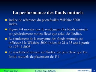 Albert Lee Chun Gestion de portefeuille 38
La performance des fonds mutuels
 Indice de référence du portefeuille: Wilshire 5000
Index.
 Figure 4.4 montre que le rendement des fonds mutuels
est généralement moins élevé que celui de l’indice.
 Le rendement de la moyenne des fonds mutuels est
inférieur à la Wilshire 5000 Index de 21 à 35 ans à partir
de 1971 à 2005
 Le rendement moyen sur l'indice est plus élevé que les
fonds mutuels de placement de 1%
4-38
 