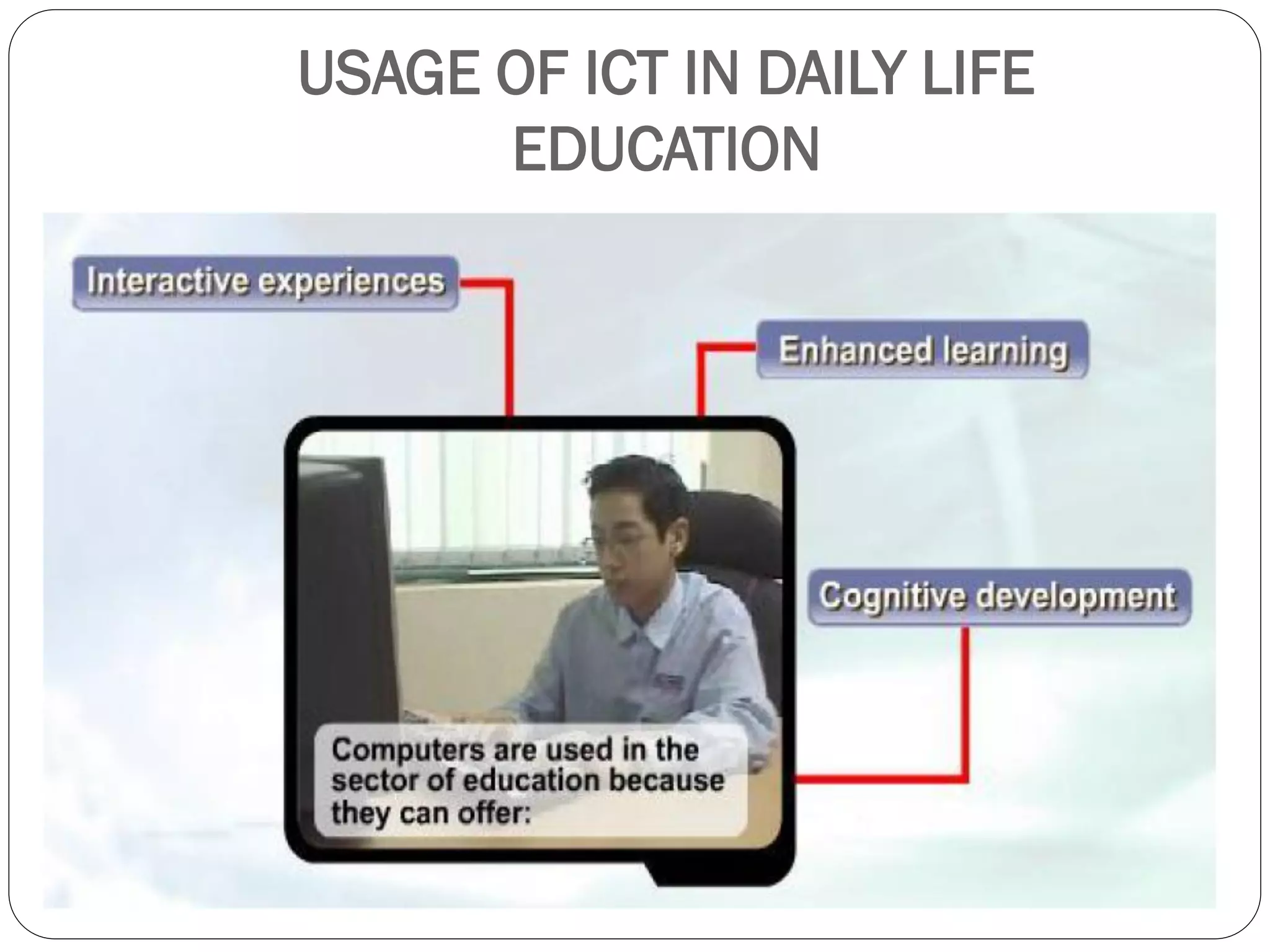 USAGE OF ICT IN DAILY LIFE
EDUCATION
 