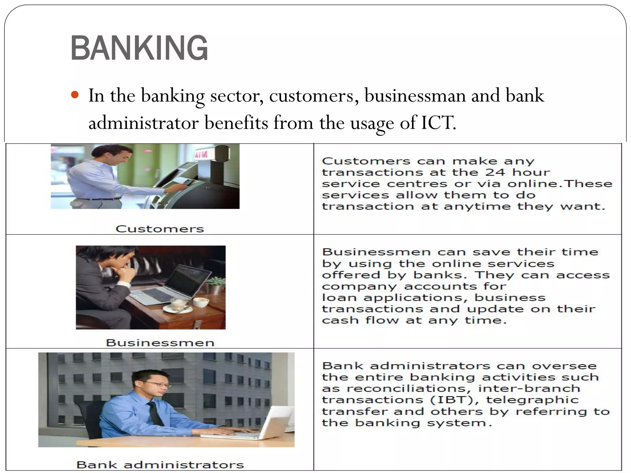 BANKING
 In the banking sector, customers, businessman and bank
administrator benefits from the usage of ICT.
 