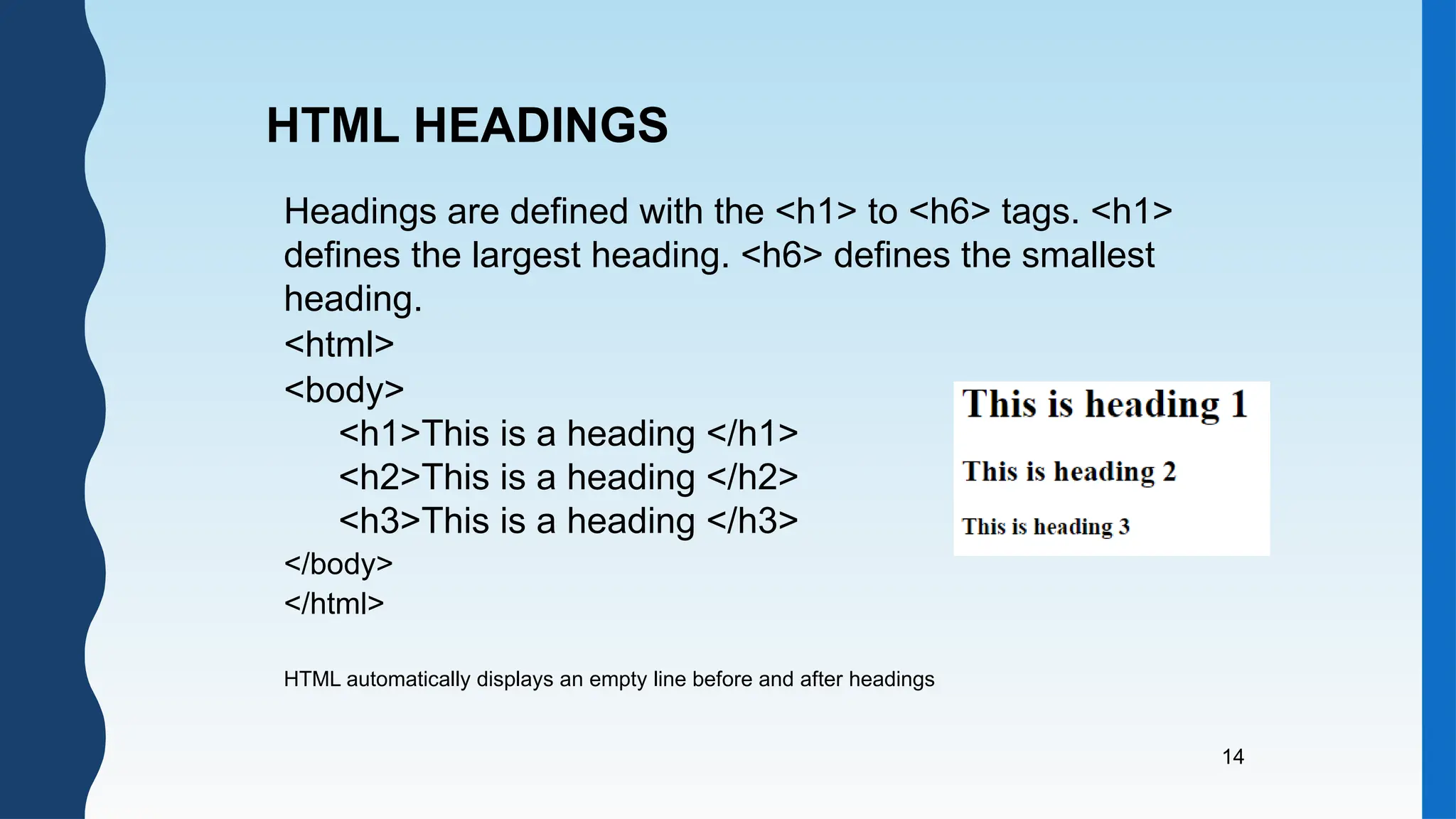 14
Headings are defined with the <h1> to <h6> tags. <h1>
defines the largest heading. <h6> defines the smallest
heading.
<html>
<body>
<h1>This is a heading </h1>
<h2>This is a heading </h2>
<h3>This is a heading </h3>
</body>
</html>
HTML automatically displays an empty line before and after headings
HTML HEADINGS
 