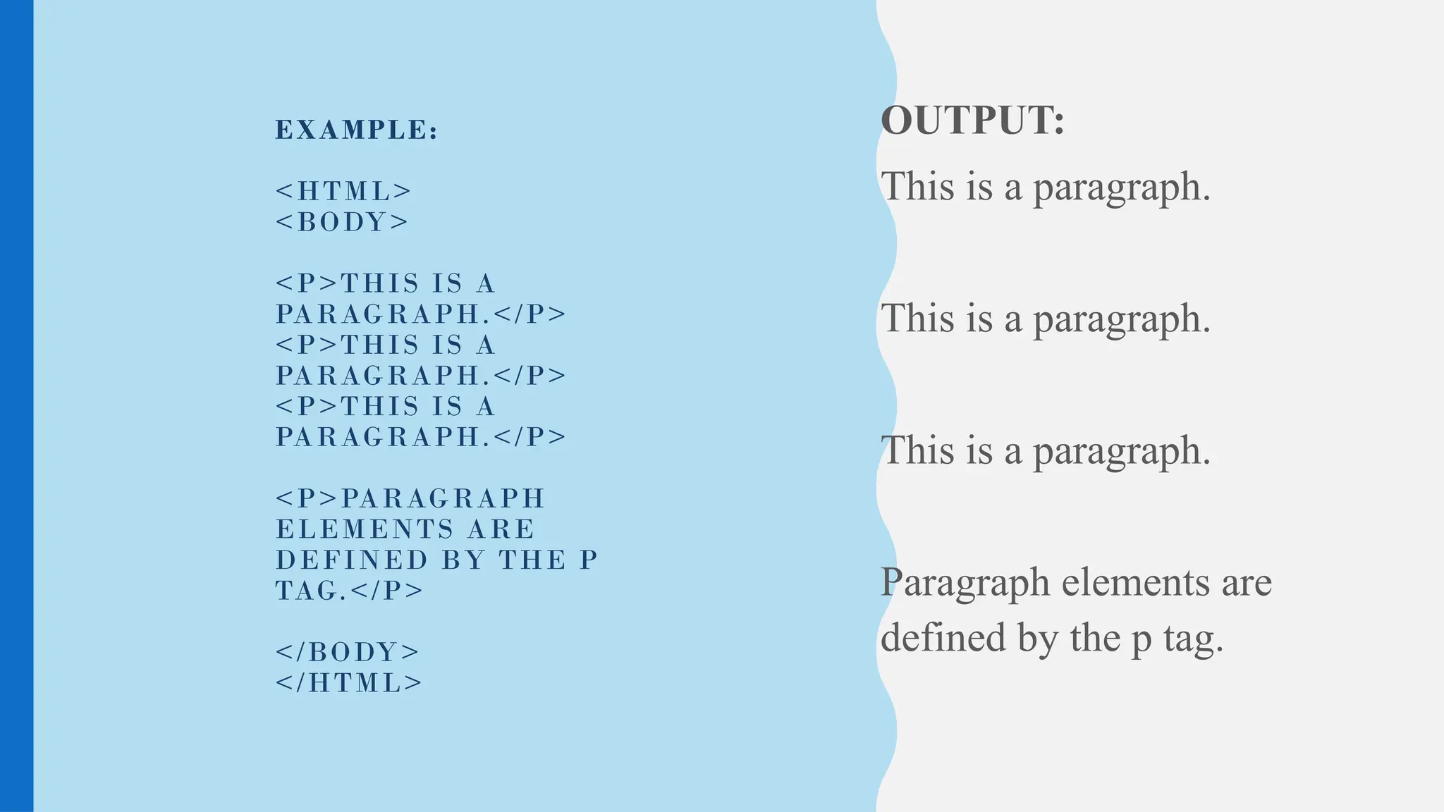 EXAMPLE:
<HTML>
<BODY>
<P>THIS IS A
PARAGRAPH.</P>
<P>THIS IS A
PARAGRAPH.</P>
<P>THIS IS A
PARAGRAPH.</P>
<P>PARAGRAPH
ELEMENTS ARE
DEFINED BY THE P
TAG.</P>
</BODY>
</HTML>
OUTPUT:
This is a paragraph.
This is a paragraph.
This is a paragraph.
Paragraph elements are
defined by the p tag.
 