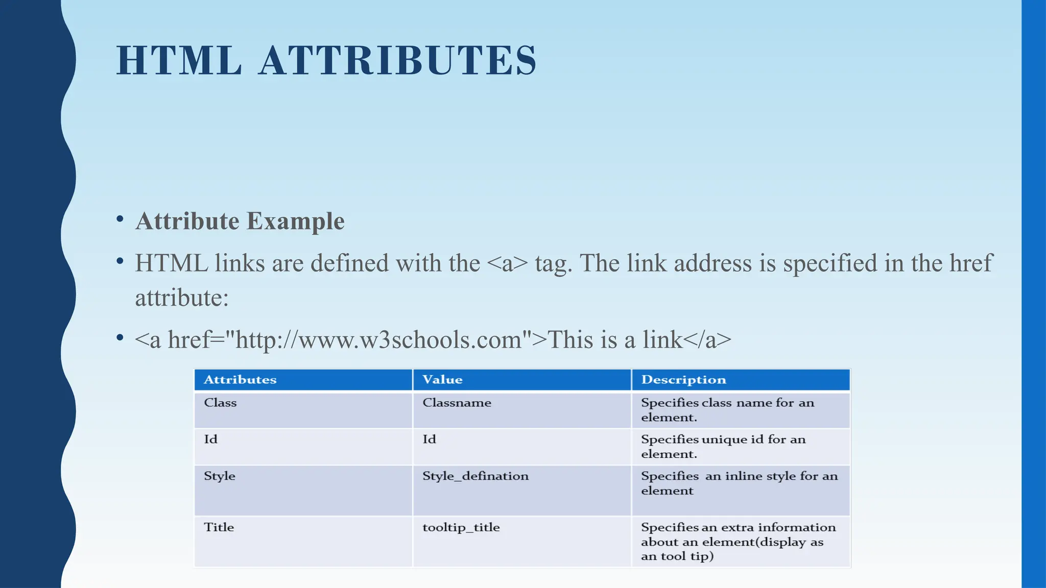 HTML ATTRIBUTES
• Attribute Example
• HTML links are defined with the <a> tag. The link address is specified in the href
attribute:
• <a href="http://www.w3schools.com">This is a link</a>
 