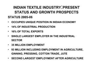 INDIAN TEXTILE INDUSTRY : PRESENT   STATUS AND GROWTH PROSPECTS ,[object Object],[object Object],[object Object],[object Object],[object Object],[object Object],[object Object],[object Object]