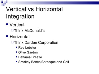 Vertical vs Horizontal
Integration
   Vertical
     Think    McDonald’s
   Horizontal
     Think    Darden Corporation
        Red Lobster
        Olive Gardon

        Bahama Breeze

        Smokey Bones Barbeque and Grill
 