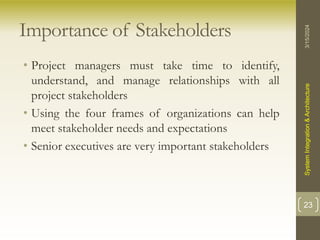Importance of Stakeholders
• Project managers must take time to identify,
understand, and manage relationships with all
project stakeholders
• Using the four frames of organizations can help
meet stakeholder needs and expectations
• Senior executives are very important stakeholders
3/15/2024
System
Integration
&
Architecture
23
 