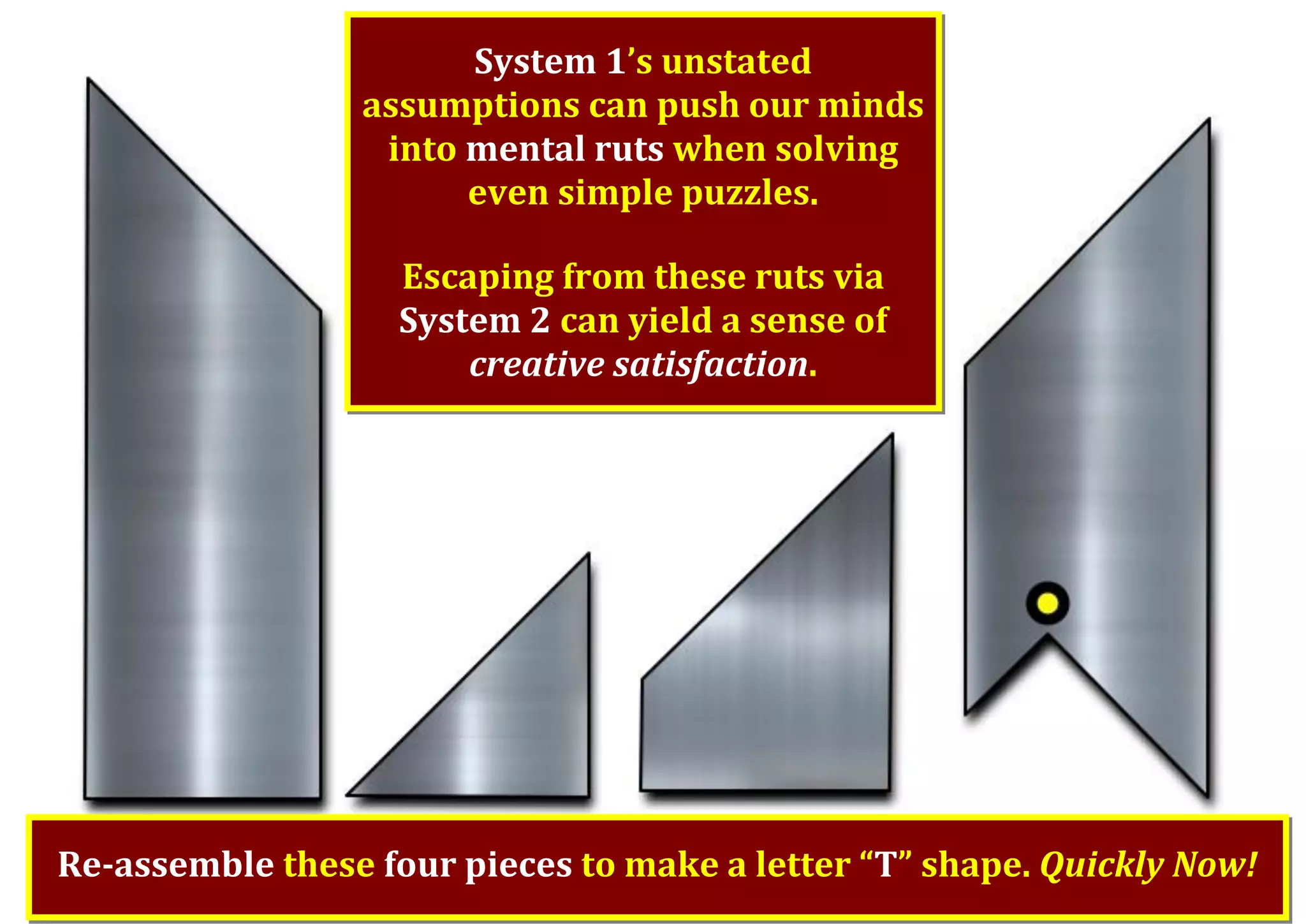 System 1’s unstated assumptions can push our minds into mental ruts when solving even simple puzzles. Escaping from these ruts via System 2 can yield a sense of creative satisfaction. Re-assemble these four pieces to make a letter “T” shape. Quickly Now! 