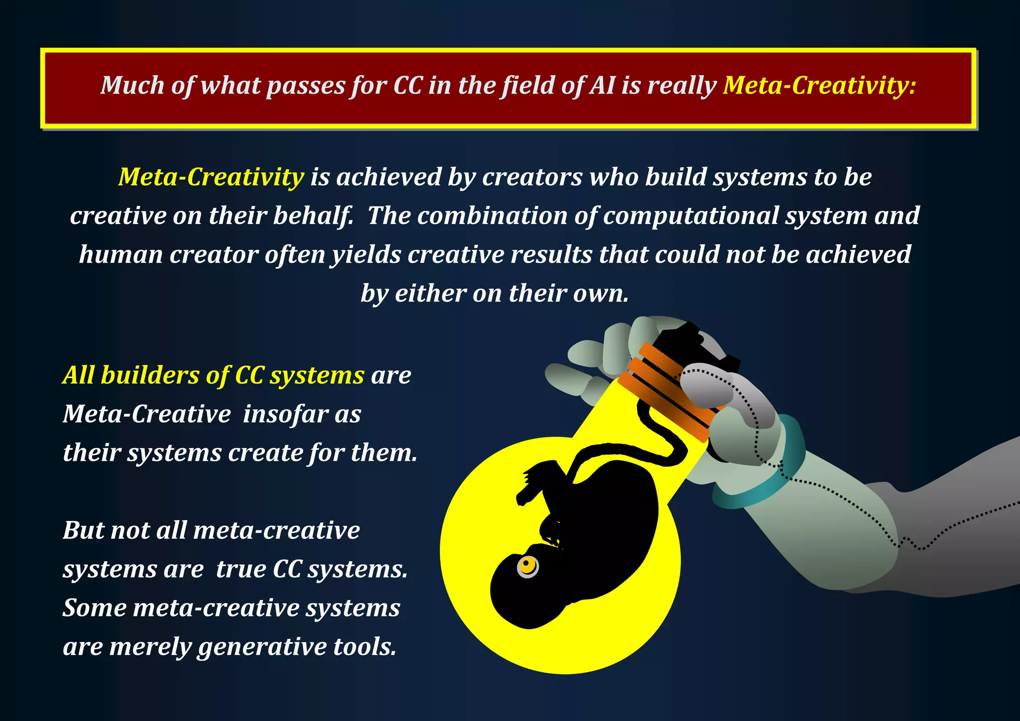 Meta-Creativity is achieved by creators who build systems to be creative on their behalf. The combination of computational system and human creator often yields creative results that could not be achieved by either on their own. Much of what passes for CC in the field of AI is really Meta-Creativity: All builders of CC systems are Meta-Creative insofar as their systems create for them. But not all meta-creative systems are true CC systems. Some meta-creative systems are merely generative tools. 