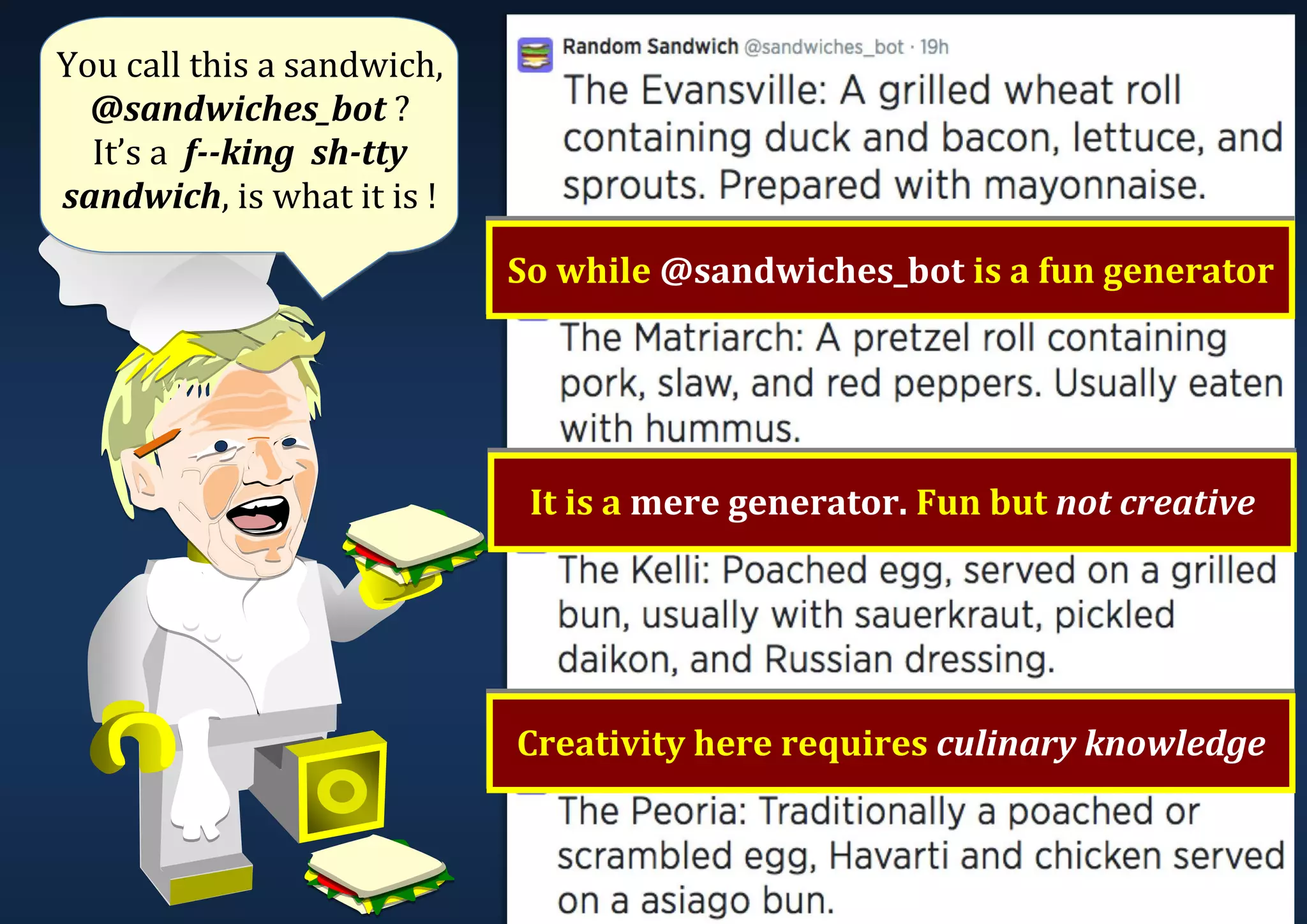 You call this a sandwich, @sandwiches_bot ? It’s a f--king sh-tty sandwich, is what it is ! So while @sandwiches_bot is a fun generator It is a mere generator. Fun but not creative Creativity here requires culinary knowledge 