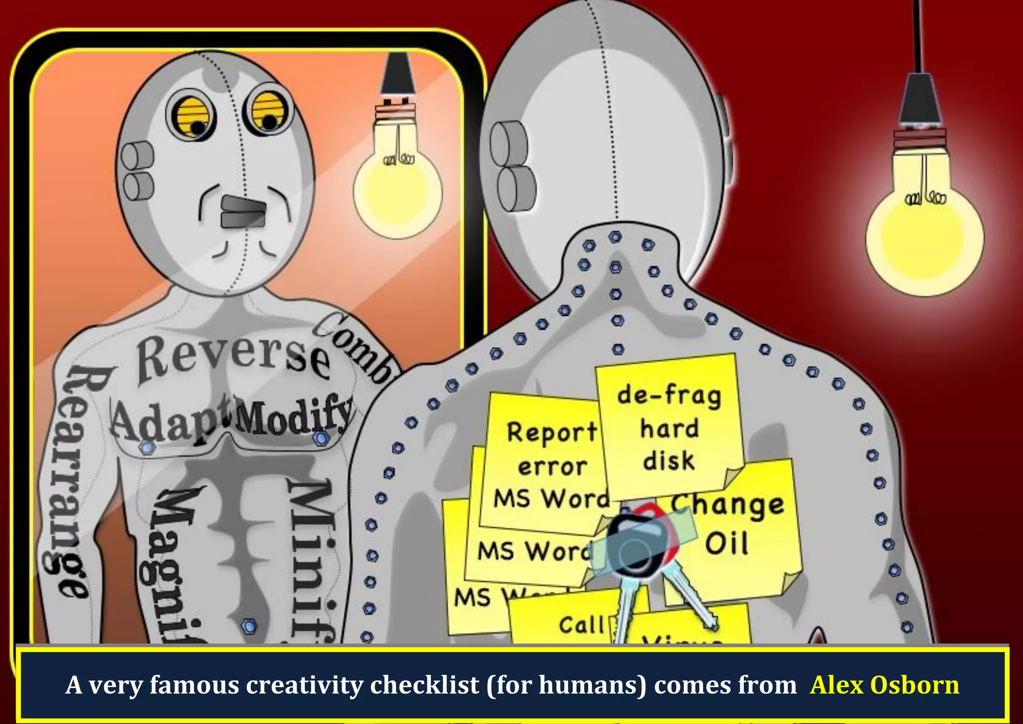 A very famous creativity checklist (for humans) comes from Alex Osborn 