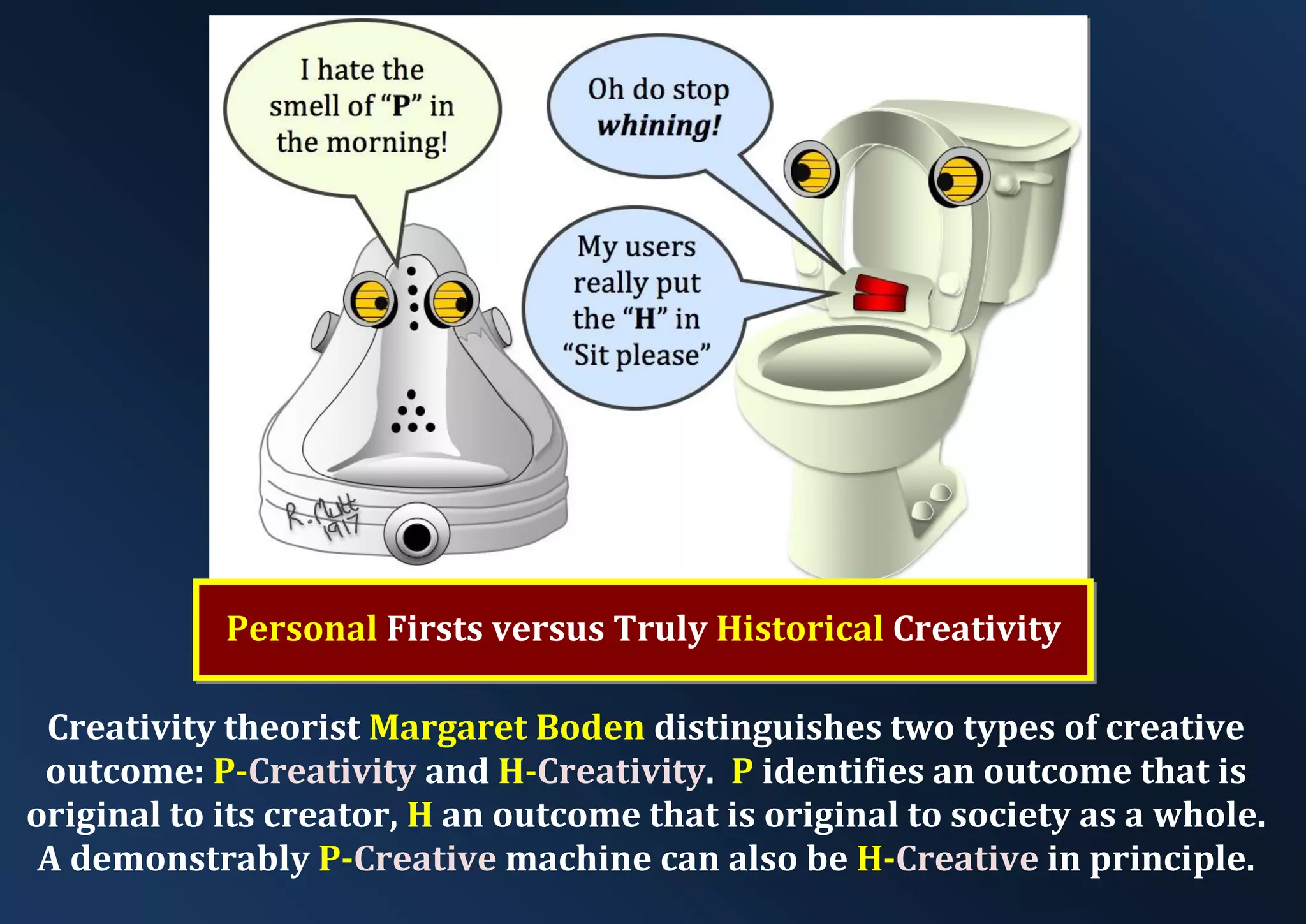 Personal Firsts versus Truly Historical Creativity Creativity theorist Margaret Boden distinguishes two types of creative outcome: P-Creativity and H-Creativity. P identifies an outcome that is original to its creator, H an outcome that is original to society as a whole. A demonstrably P-Creative machine can also be H-Creative in principle. 