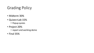 Grading Policy
• Midterm 30%
• Quizes+Lab 15%
• Popup quizes
• Project 20%
• report and working demo
• Final 35%
 