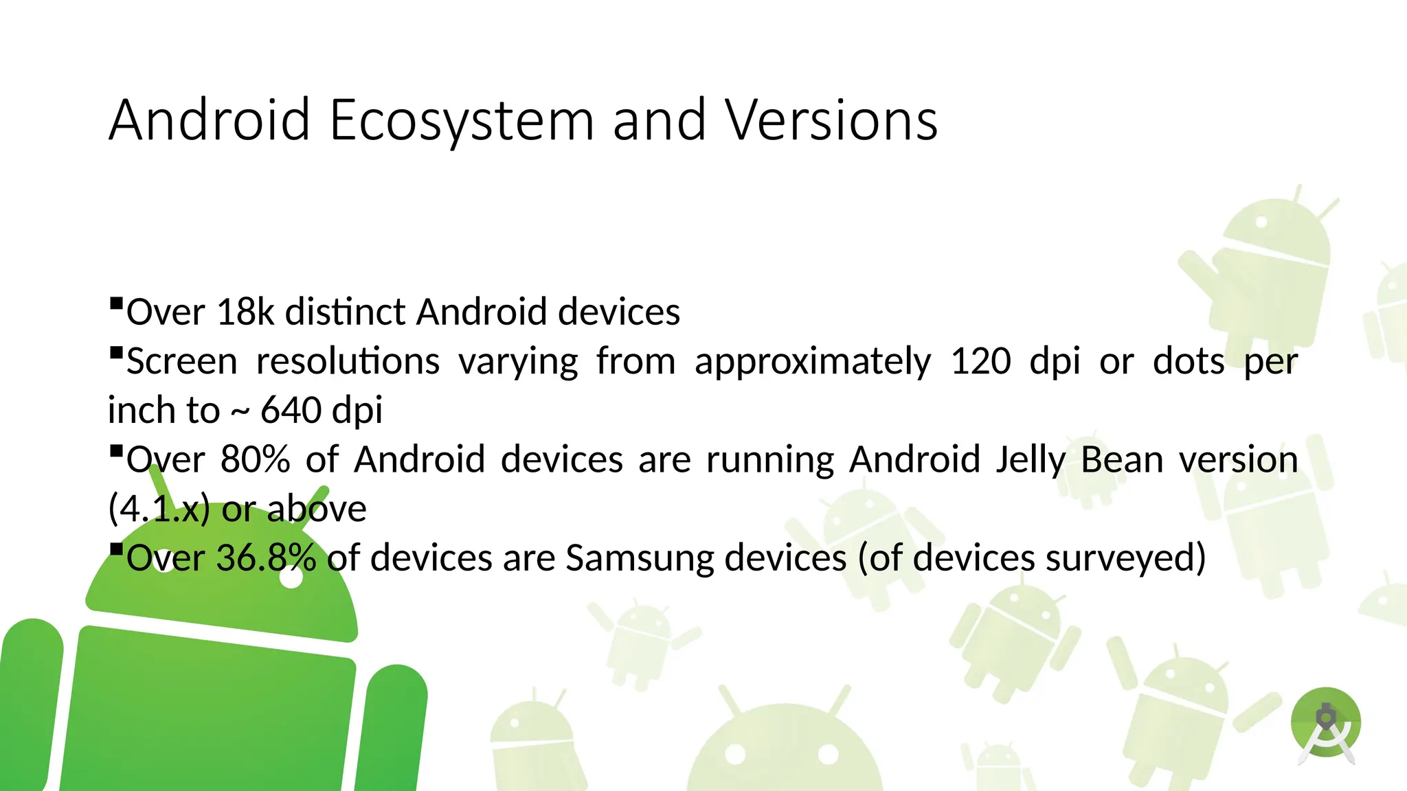 Android Ecosystem and Versions
Over 18k distinct Android devices
Screen resolutions varying from approximately 120 dpi or dots per
inch to ~ 640 dpi
Over 80% of Android devices are running Android Jelly Bean version
(4.1.x) or above
Over 36.8% of devices are Samsung devices (of devices surveyed)
 