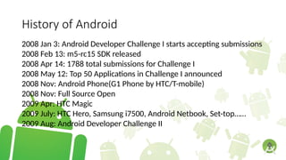 History of Android
2008 Jan 3: Android Developer Challenge I starts accepting submissions
2008 Feb 13: m5-rc15 SDK released
2008 Apr 14: 1788 total submissions for Challenge I
2008 May 12: Top 50 Applications in Challenge I announced
2008 Nov: Android Phone(G1 Phone by HTC/T-mobile)
2008 Nov: Full Source Open
2009 Apr: HTC Magic
2009 July: HTC Hero, Samsung i7500, Android Netbook, Set-top……
2009 Aug: Android Developer Challenge II
 