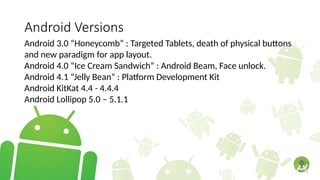 Android Versions
Android 3.0 “Honeycomb” : Targeted Tablets, death of physical buttons
and new paradigm for app layout.
Android 4.0 “Ice Cream Sandwich” : Android Beam, Face unlock.
Android 4.1 “Jelly Bean” : Platform Development Kit
Android KitKat 4.4 - 4.4.4
Android Lollipop 5.0 – 5.1.1
 