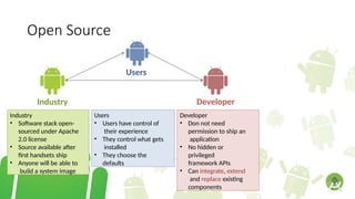 Open Source
Users
Industry Developer
Users
• Users have control of
their experience
• They control what gets
installed
• They choose the
defaults
Industry
• Software stack open-
sourced under Apache
2.0 license
• Source available after
first handsets ship
• Anyone will be able to
build a system image
Developer
• Don not need
permission to ship an
application
• No hidden or
privileged
framework APIs
• Can integrate, extend
and replace existing
components
 