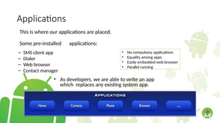 Applications
This is where our applications are placed.
Some pre-installed applications:
– SMS client app
– Dialer
– Web browser
– Contact manager
• As developers, we are able to write an app
which replaces any existing system app.
• No compulsory applications
• Equality among apps
• Easily embedded web browser
• Parallel running
 