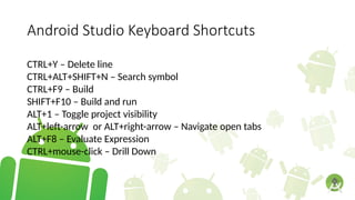 Android Studio Keyboard Shortcuts
CTRL+Y – Delete line
CTRL+ALT+SHIFT+N – Search symbol
CTRL+F9 – Build
SHIFT+F10 – Build and run
ALT+1 – Toggle project visibility
ALT+left-arrow or ALT+right-arrow – Navigate open tabs
ALT+F8 – Evaluate Expression
CTRL+mouse-click – Drill Down
 