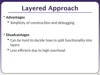 32
Layered Approach
• Advantages
 Simplicity of construction and debugging
• Disadvantages
 Can be hard to decide how to split functionality into
layers
 Less efficient due to high overhead
 