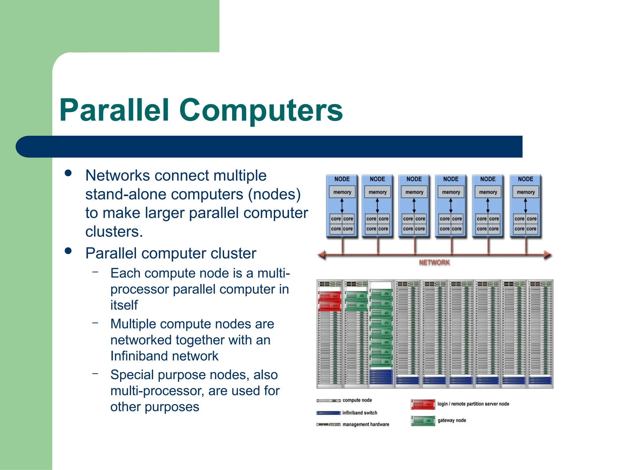 Parallel Computers
 Networks connect multiple
stand-alone computers (nodes)
to make larger parallel computer
clusters.
 Parallel computer cluster
– Each compute node is a multi-
processor parallel computer in
itself
– Multiple compute nodes are
networked together with an
Infiniband network
– Special purpose nodes, also
multi-processor, are used for
other purposes
 