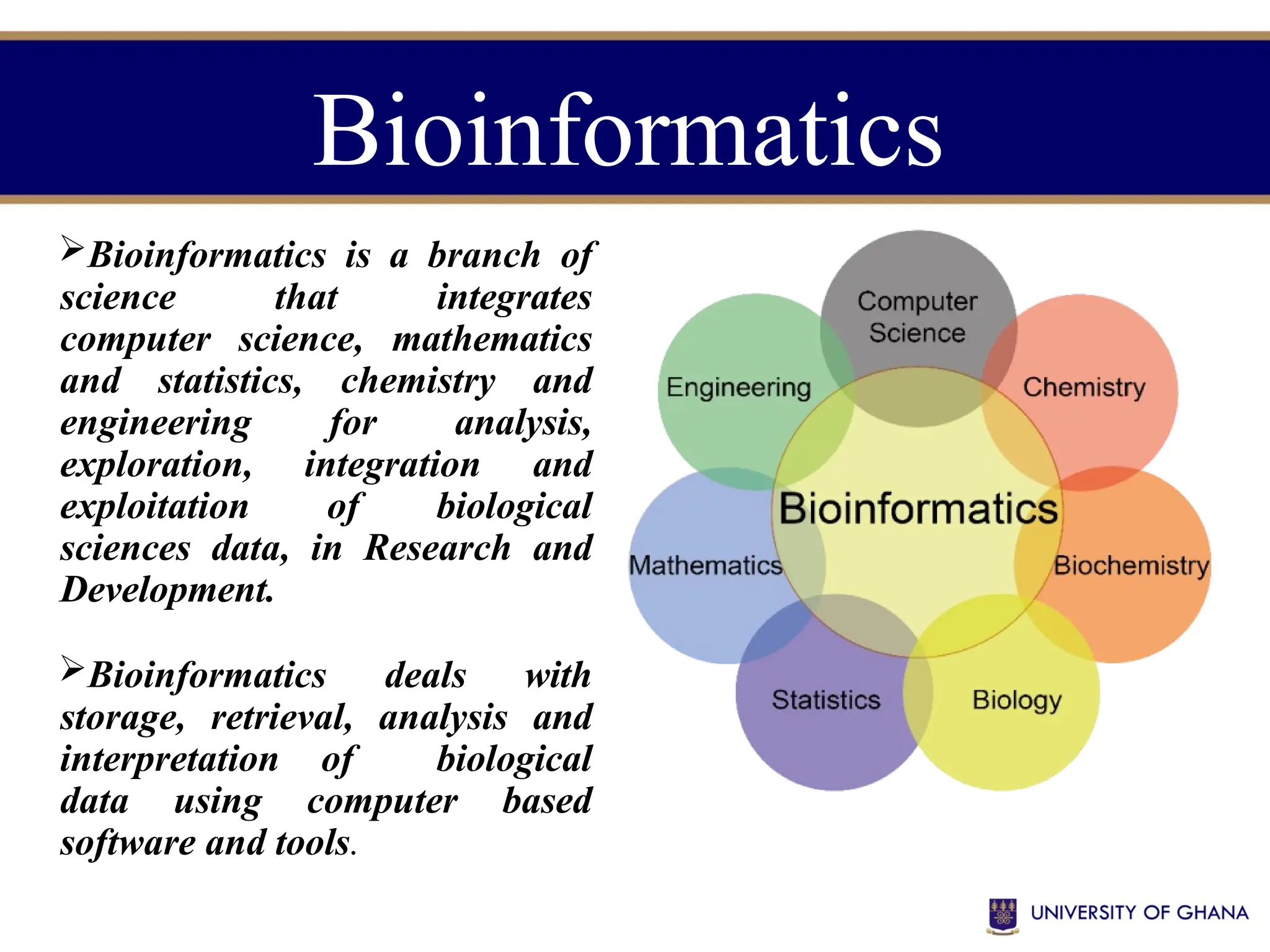 Bioinformatics is a branch of
science that integrates
computer science, mathematics
and statistics, chemistry and
engineering for analysis,
exploration, integration and
exploitation of biological
sciences data, in Research and
Development.
Bioinformatics deals with
storage, retrieval, analysis and
interpretation of biological
data using computer based
software and tools.
Bioinformatics
 