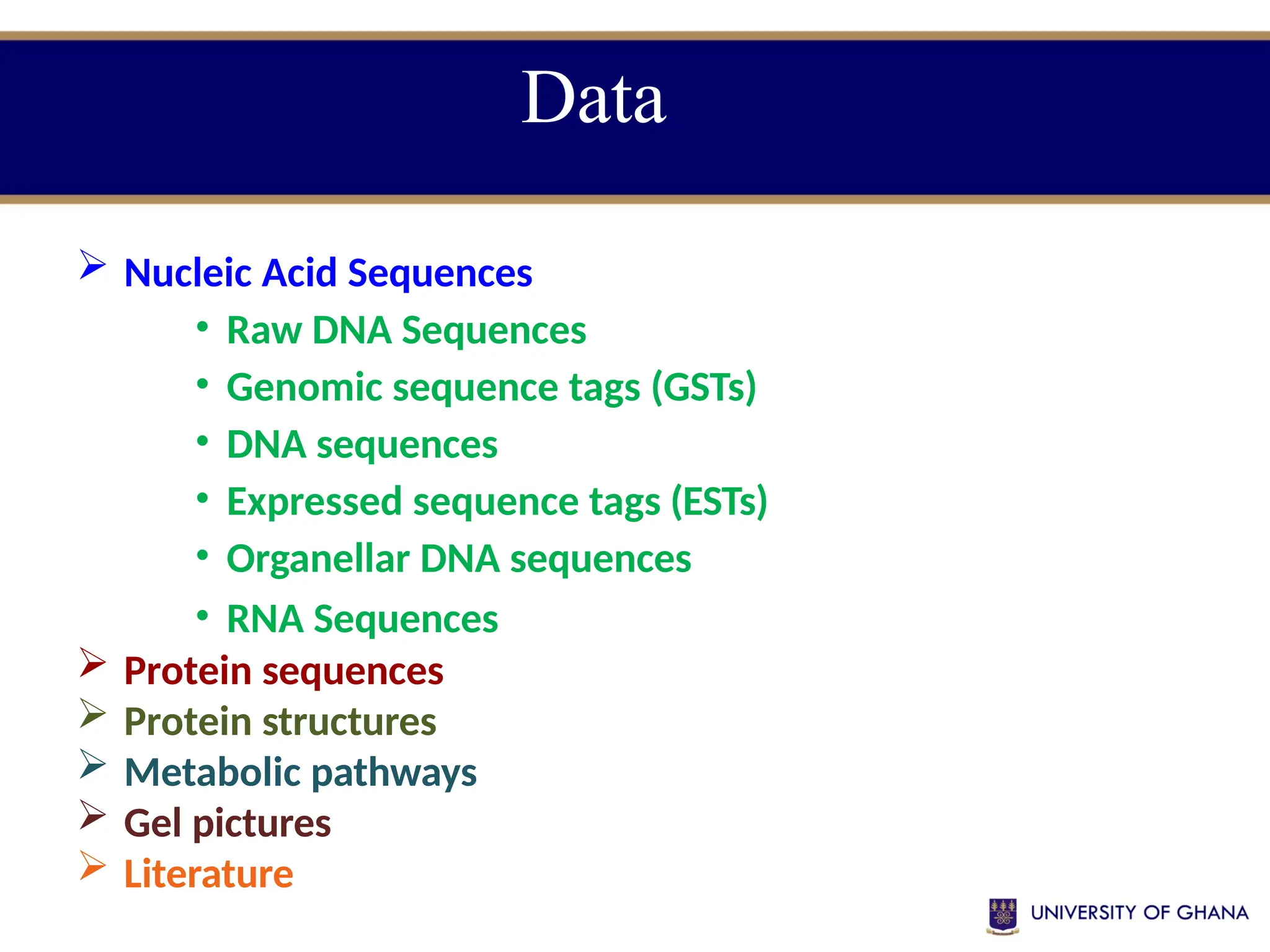 Data
 Nucleic Acid Sequences
• Raw DNA Sequences
• Genomic sequence tags (GSTs)
• DNA sequences
• Expressed sequence tags (ESTs)
• Organellar DNA sequences
• RNA Sequences
 Protein sequences
 Protein structures
 Metabolic pathways
 Gel pictures
 Literature
 