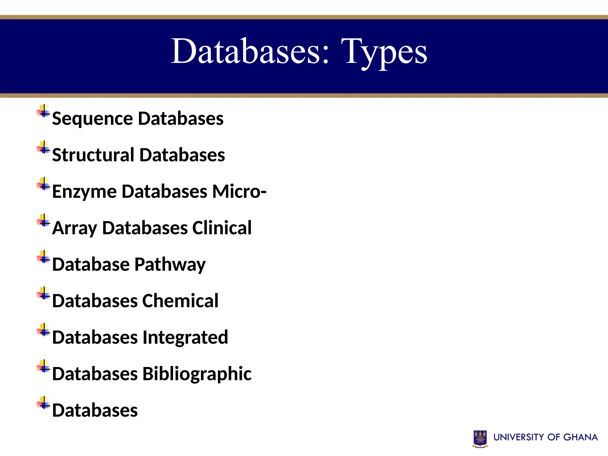 Databases: Types
Sequence Databases
Structural Databases
Enzyme Databases Micro-
Array Databases Clinical
Database Pathway
Databases Chemical
Databases Integrated
Databases Bibliographic
Databases
 