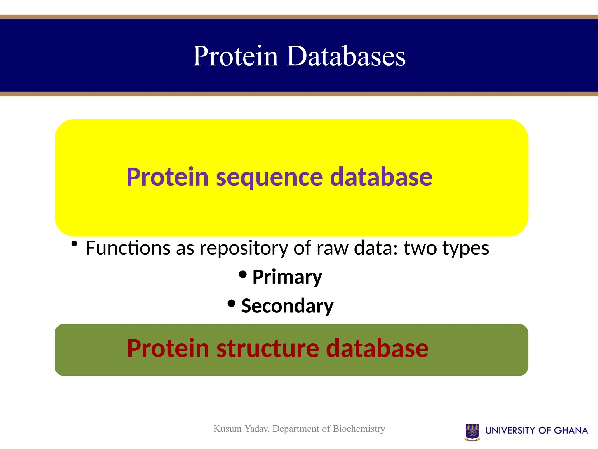 Protein sequence database
• Functions as repository of raw data: two types
• Primary
• Secondary
Protein structure database
Protein Databases
Kusum Yadav, Department of Biochemistry
 