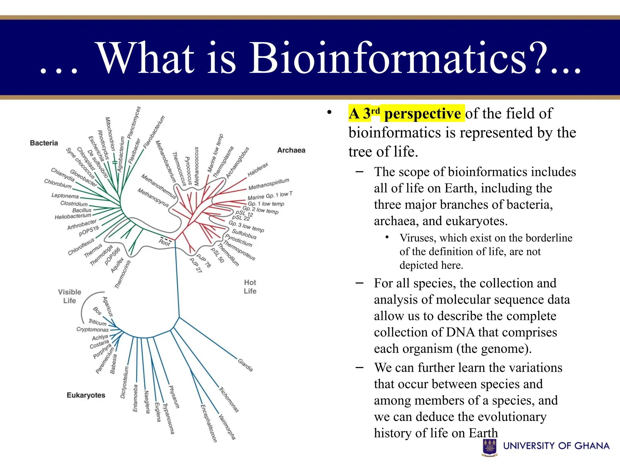 • A 3rd
perspective of the field of
bioinformatics is represented by the
tree of life.
– The scope of bioinformatics includes
all of life on Earth, including the
three major branches of bacteria,
archaea, and eukaryotes.
• Viruses, which exist on the borderline
of the definition of life, are not
depicted here.
– For all species, the collection and
analysis of molecular sequence data
allow us to describe the complete
collection of DNA that comprises
each organism (the genome).
– We can further learn the variations
that occur between species and
among members of a species, and
we can deduce the evolutionary
history of life on Earth
… What is Bioinformatics?...
 
