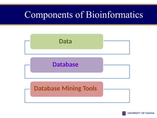 Components of Bioinformatics
Data
Database
Database Mining Tools
 