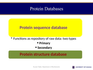 Protein sequence database
• Functions as repository of raw data: two types
• Primary
• Secondary
Protein structure database
Protein Databases
Kusum Yadav, Department of Biochemistry
 