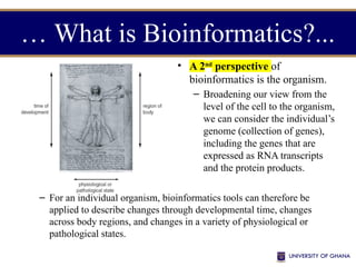 • A 2nd
perspective of
bioinformatics is the organism.
– Broadening our view from the
level of the cell to the organism,
we can consider the individual’s
genome (collection of genes),
including the genes that are
expressed as RNA transcripts
and the protein products.
– For an individual organism, bioinformatics tools can therefore be
applied to describe changes through developmental time, changes
across body regions, and changes in a variety of physiological or
pathological states.
… What is Bioinformatics?...
 