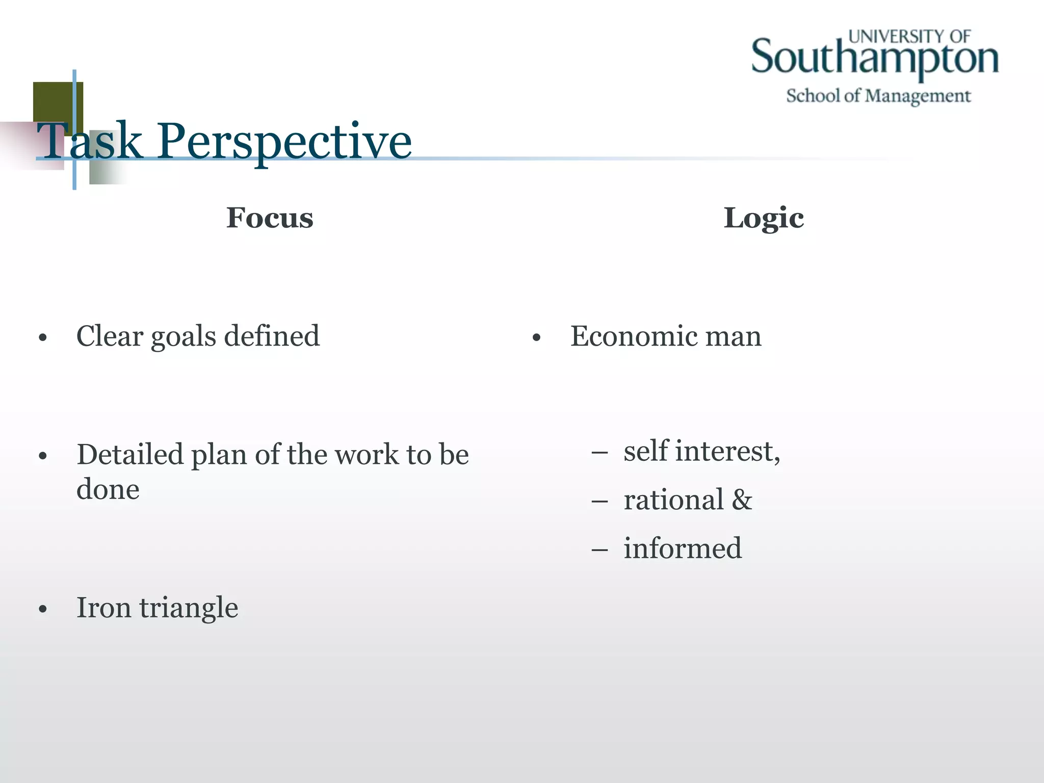 Task Perspective
Focus
• Clear goals defined
• Detailed plan of the work to be
done
• Iron triangle
Logic
• Economic man
– self interest,
– rational &
– informed
 