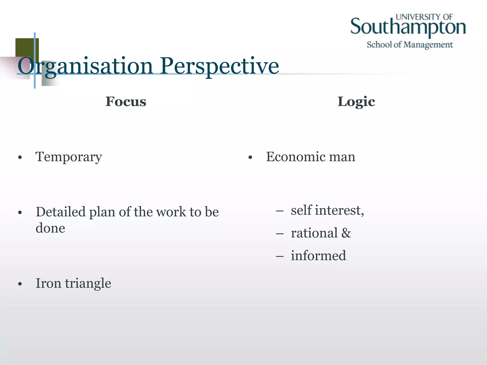 Organisation Perspective
Focus
• Temporary
• Detailed plan of the work to be
done
• Iron triangle
Logic
• Economic man
– self interest,
– rational &
– informed
 
