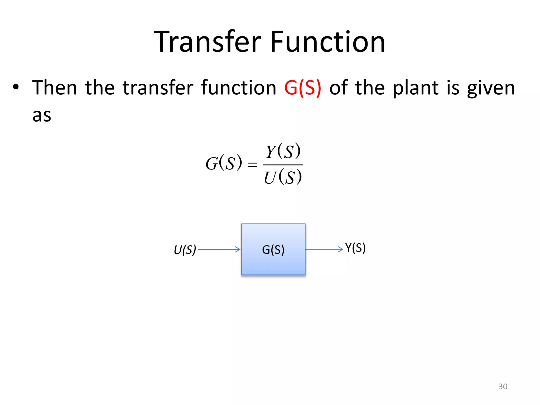 Transfer Function
• Then the transfer function G(S) of the plant is given
as
G(S) Y(S)
U(S)
)
(
)
(
)
(
S
U
S
Y
S
G 
30
 
