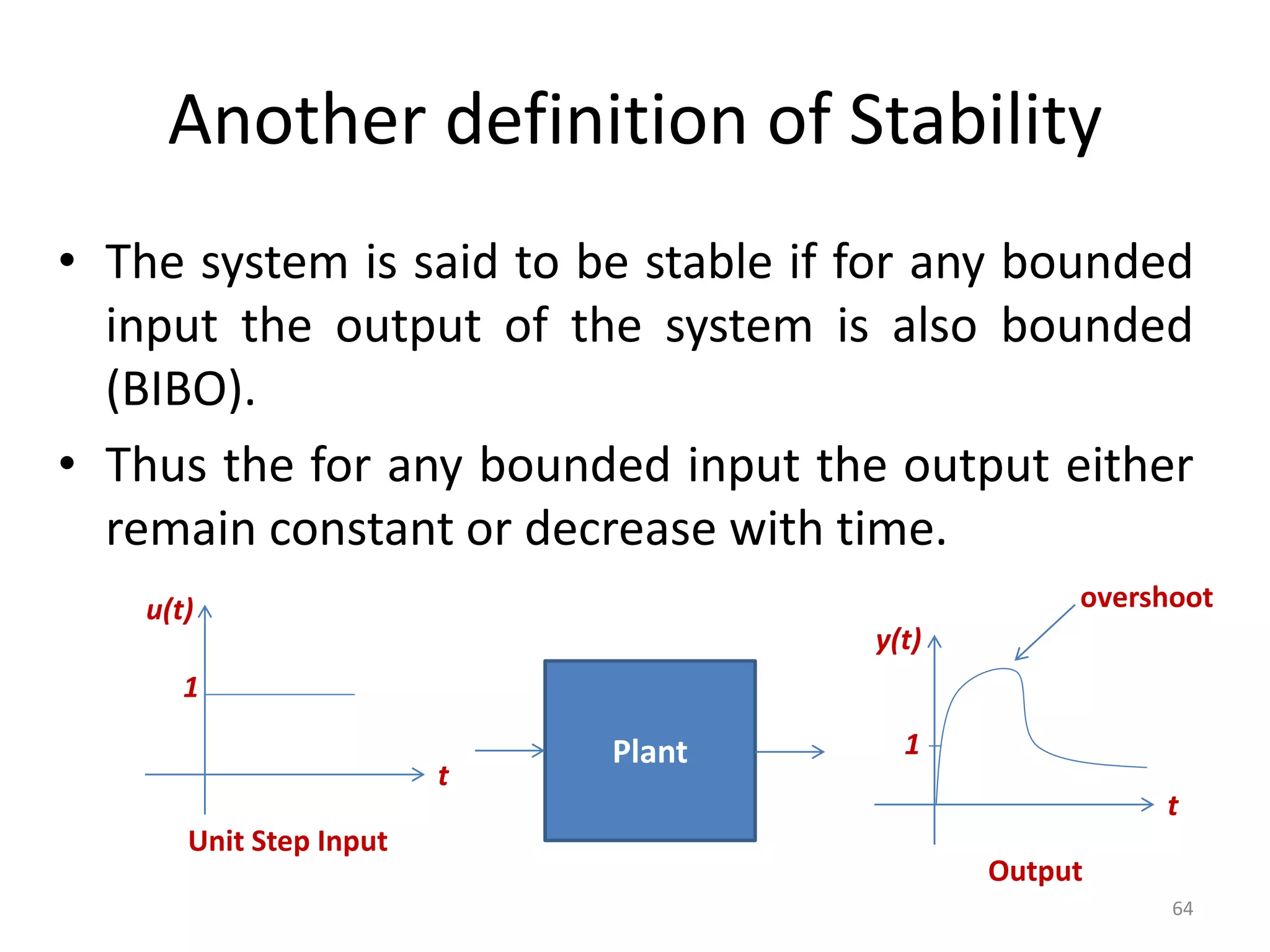 Another definition of Stability
• The system is said to be stable if for any bounded
input the output of the system is also bounded
(BIBO).
• Thus the for any bounded input the output either
remain constant or decrease with time.
64
u(t)
t
1
Unit Step Input
Plant
y(t)
t
Output
1
overshoot
 
