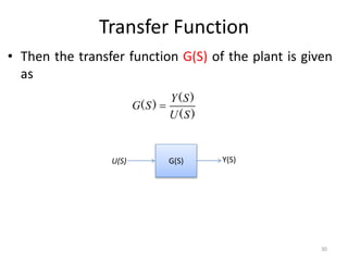 Transfer Function
• Then the transfer function G(S) of the plant is given
as
G(S) Y(S)
U(S)
)
(
)
(
)
(
S
U
S
Y
S
G 
30
 