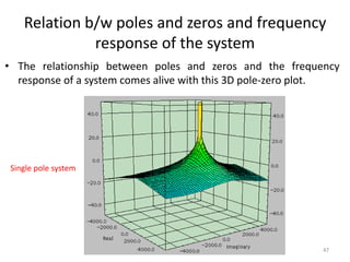 Relation b/w poles and zeros and frequency
response of the system
• The relationship between poles and zeros and the frequency
response of a system comes alive with this 3D pole-zero plot.
47
Single pole system
 