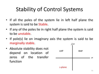 Stability of Control Systems
• If all the poles of the system lie in left half plane the
system is said to be Stable.
• If any of the poles lie in right half plane the system is said
to be unstable.
• If pole(s) lie on imaginary axis the system is said to be
marginally stable.
53
s-plane
LHP RHP


j
• Absolute stability does not
depend on location of
zeros of the transfer
function
 