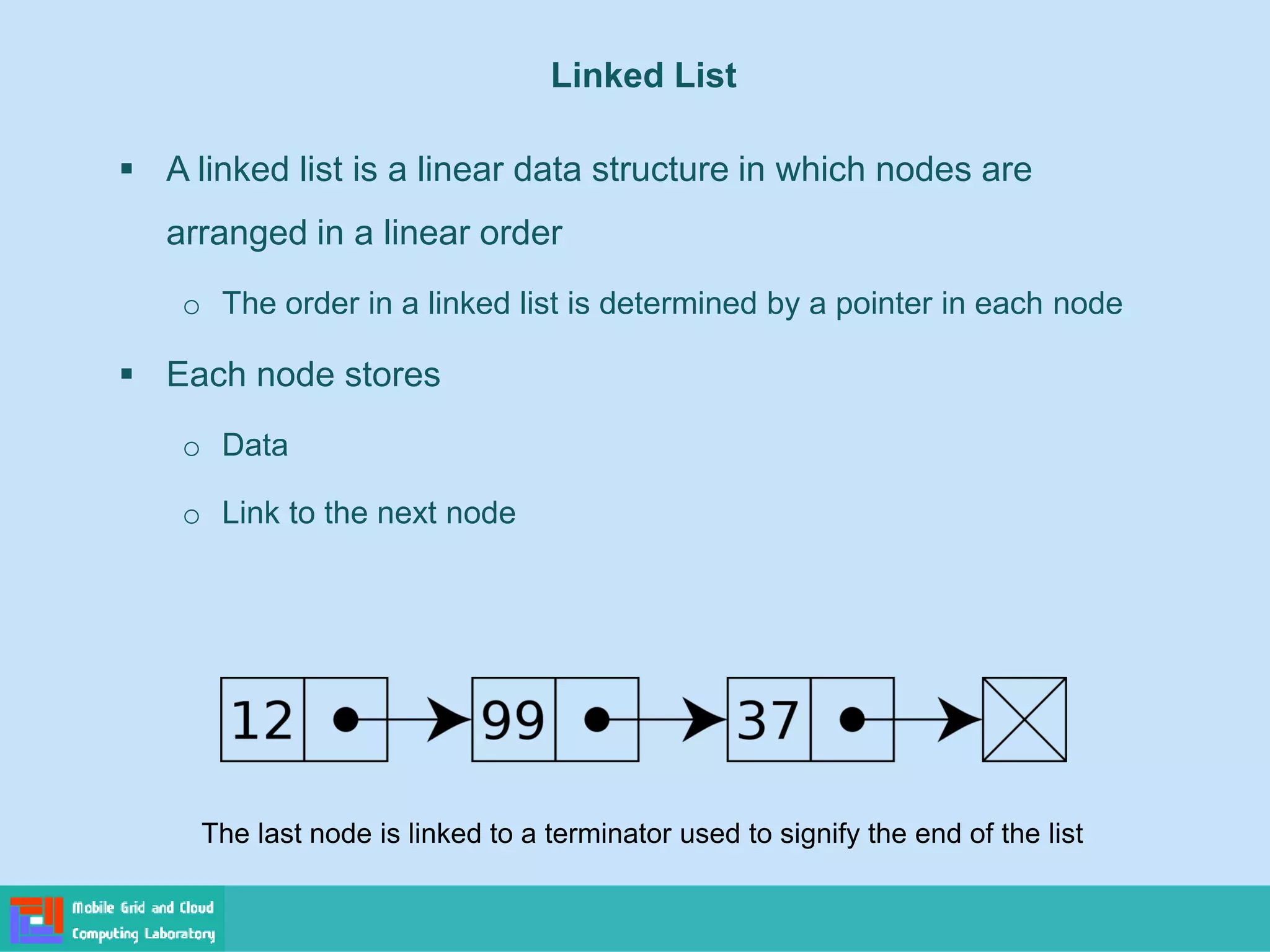 Linked List
▪ A linked list is a linear data structure in which nodes are
arranged in a linear order
o The order in a linked list is determined by a pointer in each node
▪ Each node stores
o Data
o Link to the next node
The last node is linked to a terminator used to signify the end of the list
 