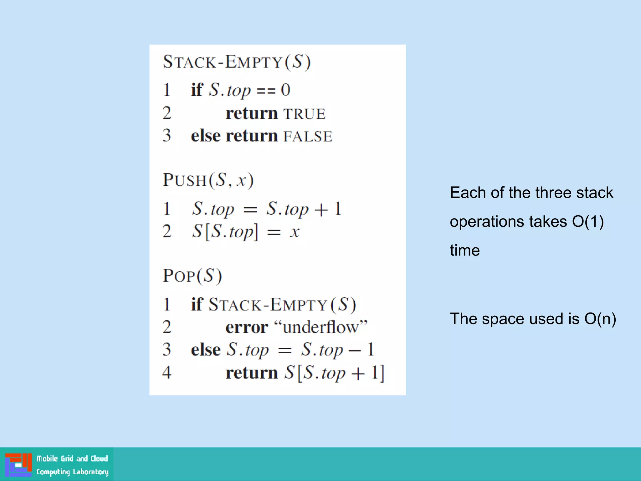 Each of the three stack
operations takes O(1)
time
The space used is O(n)
 
