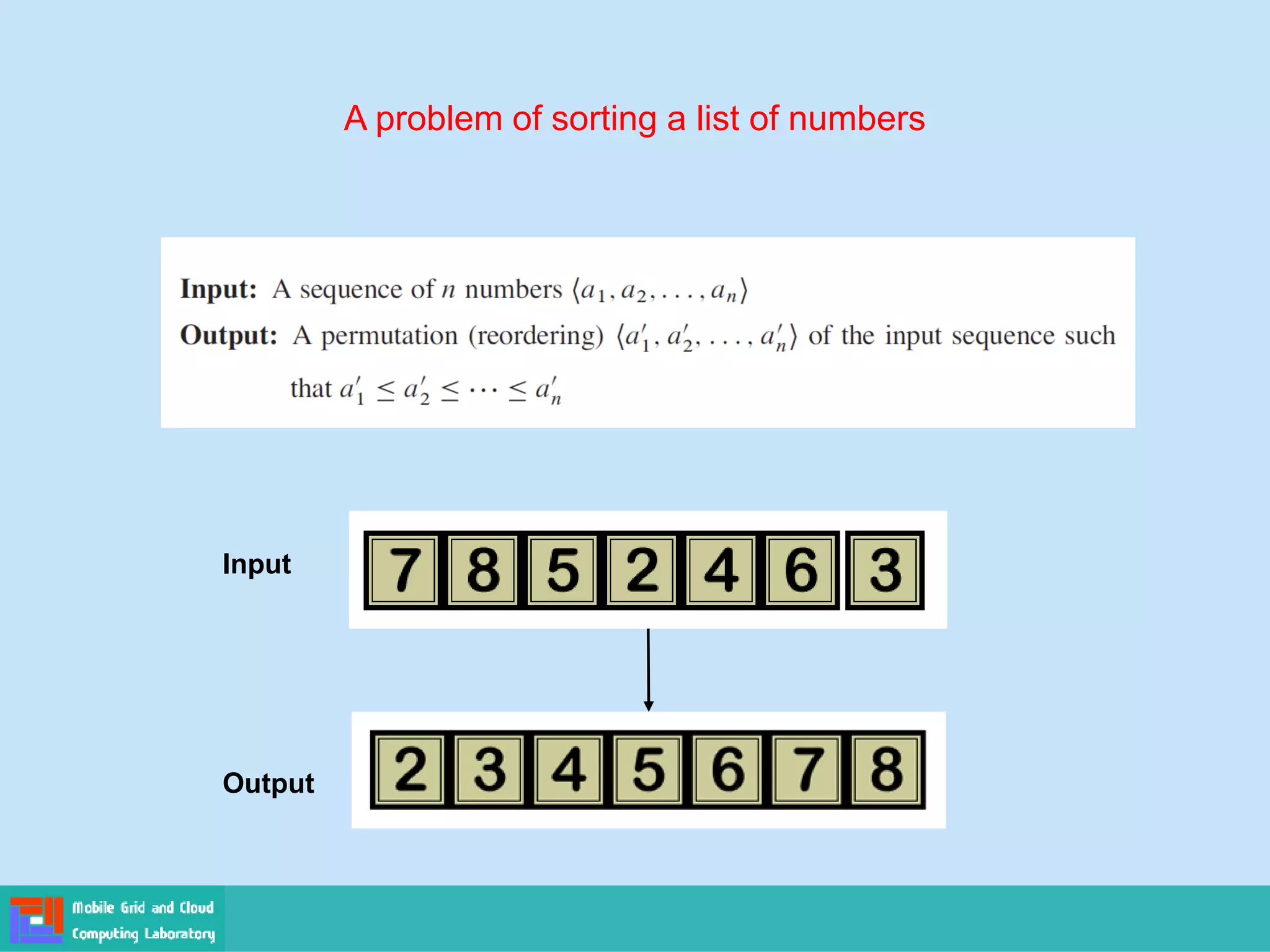A problem of sorting a list of numbers
Input
Output
 