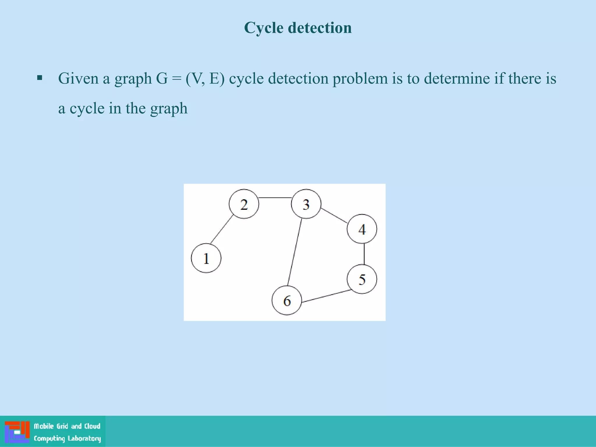 Cycle detection
 Given a graph G = (V, E) cycle detection problem is to determine if there is
a cycle in the graph
 